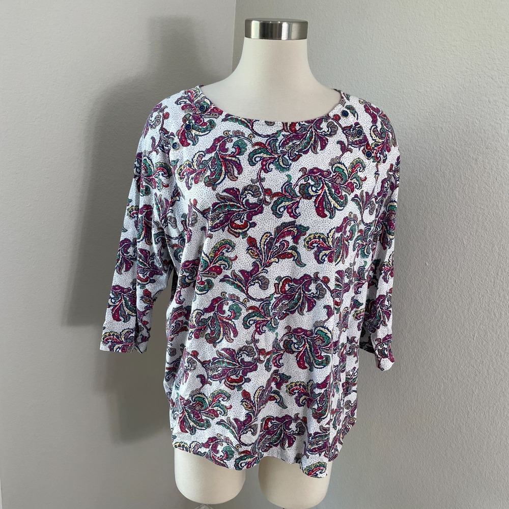 TALBOTS Woman Plus 2X Floral Shirt 3/4 Sleeve Top Button Accent Cotton Stretch
